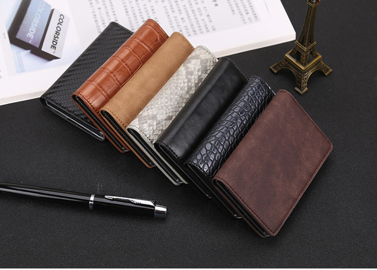 Leather Card Holder Aluminum Alloy Anti-Theft Side Push Credit Card Box Fashion Creative Stylish Men's Magnetic Card Holder Card Holder
