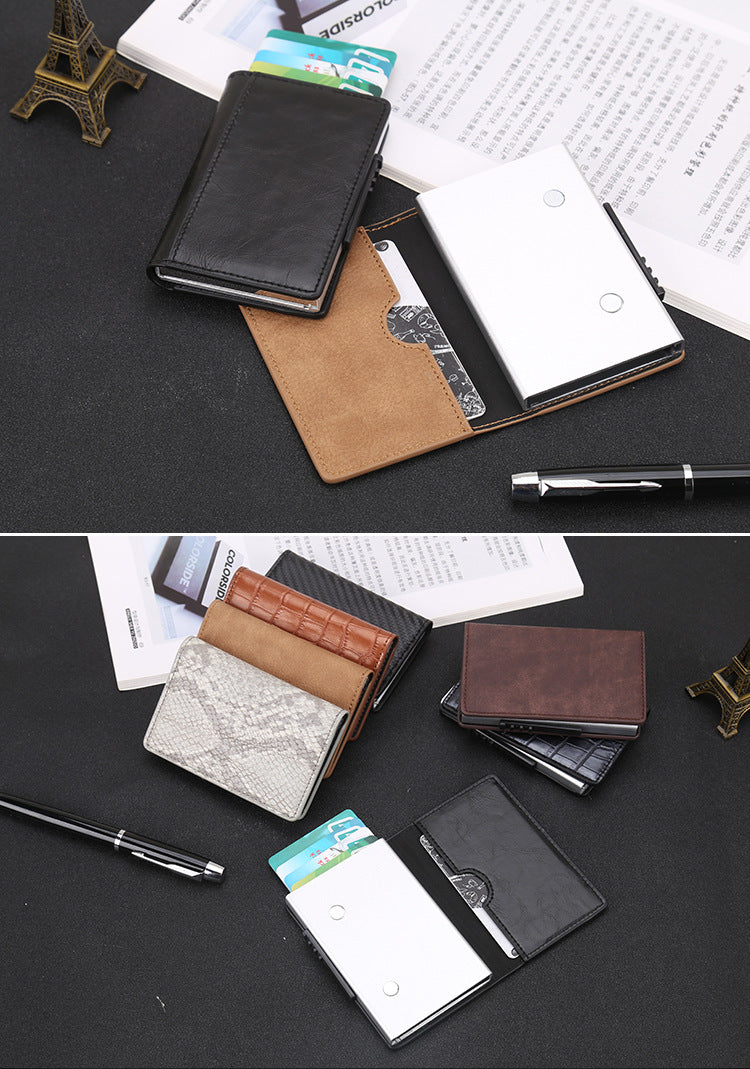 Leather Card Holder Aluminum Alloy Anti-Theft Side Push Credit Card Box Fashion Creative Stylish Men's Magnetic Card Holder Card Holder