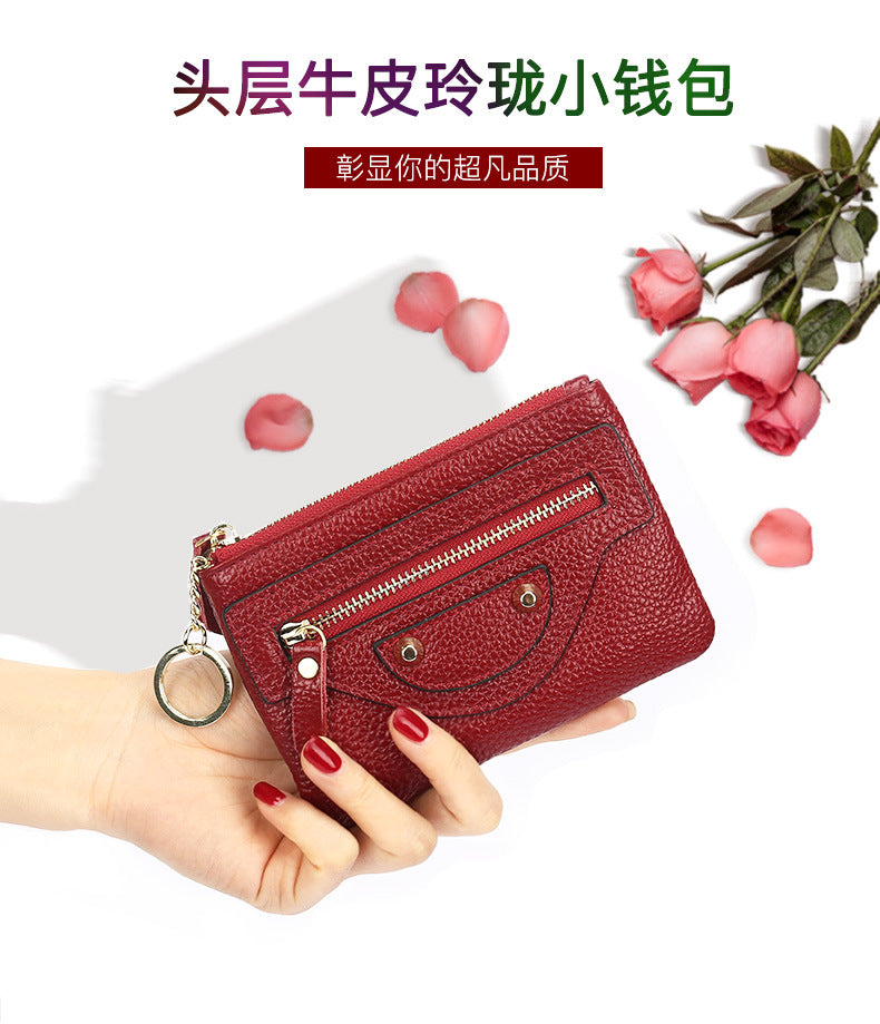 Genuine Leather Mini coin purse women's new key ring coin bag first layer cowhide motorcycle zipper small wallet coin bag