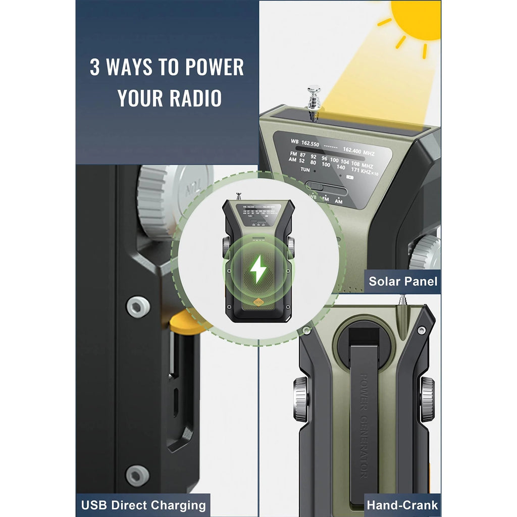 Weather Radio Emergency Multifunctional Radio FM AM WB Hand Crank Solar USB Charging 2000mAh Power Bank LED Flashlight Torch
