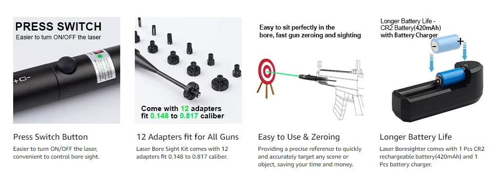 Green Red Laser Boresighter Kit for Rifle .22 .177 to.78 12GA Caliber Red Laser Pointer Collimator Universal Boresighter