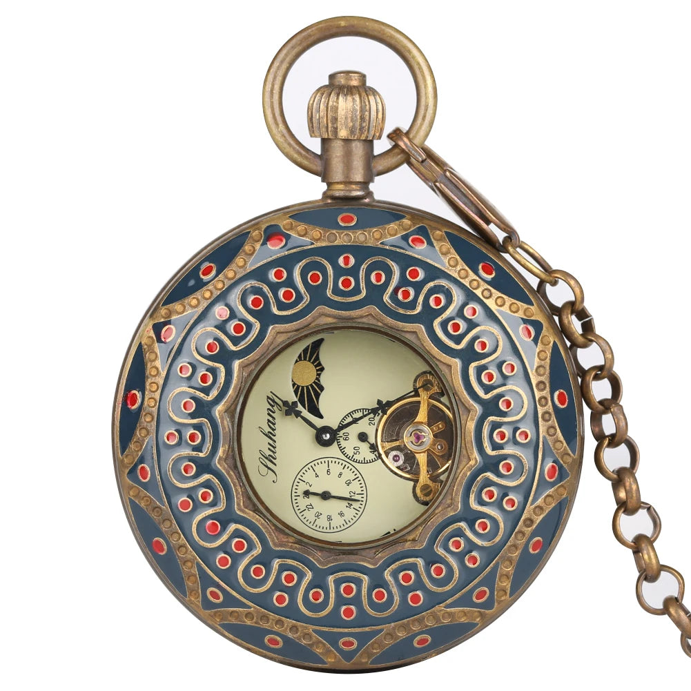 Luxury Pure Copper Mechanical Pocket Watch Men Antique Timepiece Gifts Pocket Chain Roman Numerals Tourbillon Mechanism Clock