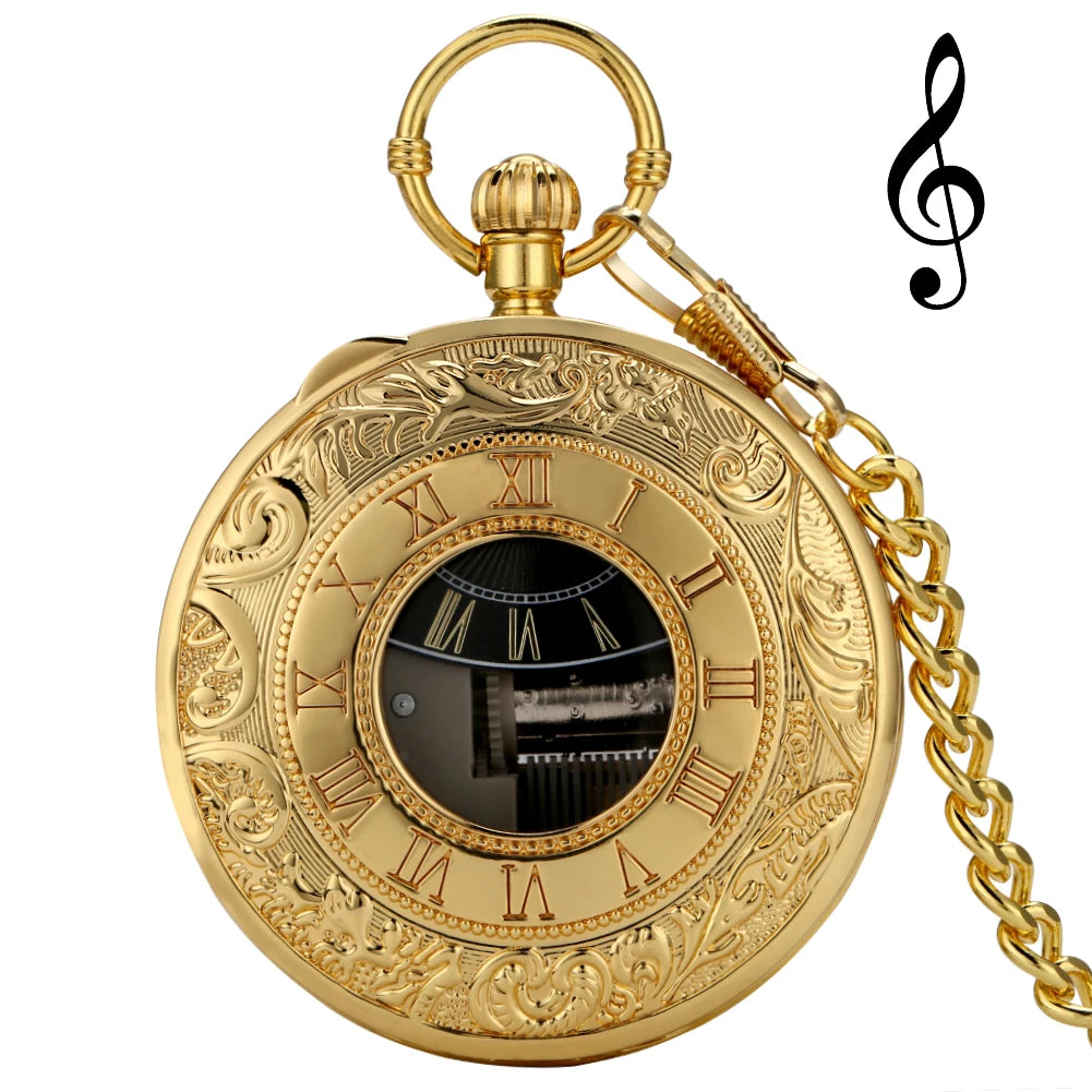 Musical Pocket Watch Roman Numerals Display Quartz Pendant Melody Castle in The Sky Music Pocket Clock Creative Timepiece Gifts