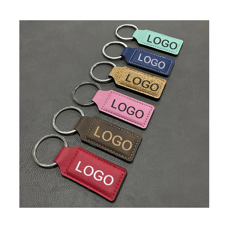 Wholesale Custom Embossing Printed Light PU Leather Rectangular Letter Keychains Simple Feature Creative Keyring Promotional