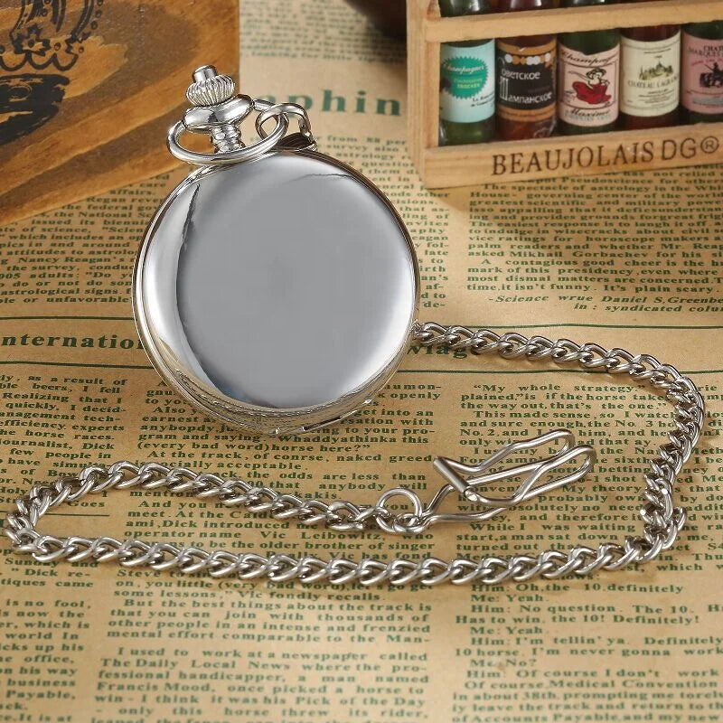 2023 Blank Silver Smooth Double Full Hunter Case Steampunk Skeleton Dial Mechanical Pocket Watch with Chain Personalized