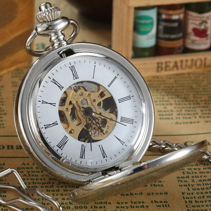 2023 Blank Silver Smooth Double Full Hunter Case Steampunk Skeleton Dial Mechanical Pocket Watch with Chain Personalized