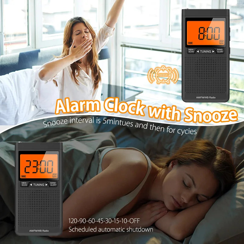 Mini Portable AM FM NOAA Radio Weather Radio Mini Pocket Radio Excellent Reception Large LCD Screen Digtail Alarm Clock Radios