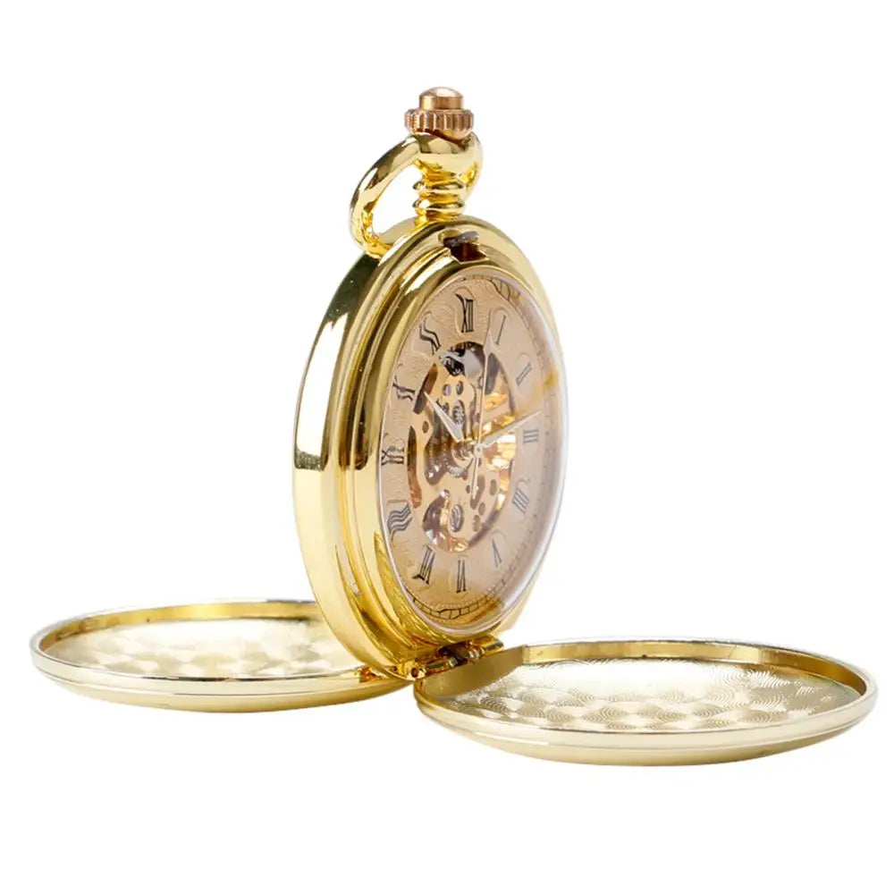 Full Gold Color Skeleton Smooth Pocket Watch Hand Wind Mechanical Roman Numerals FOB Watches Men Double Open Clock for men Women