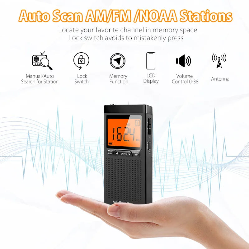 Mini Portable AM FM NOAA Radio Weather Radio Mini Pocket Radio Excellent Reception Large LCD Screen Digtail Alarm Clock Radios