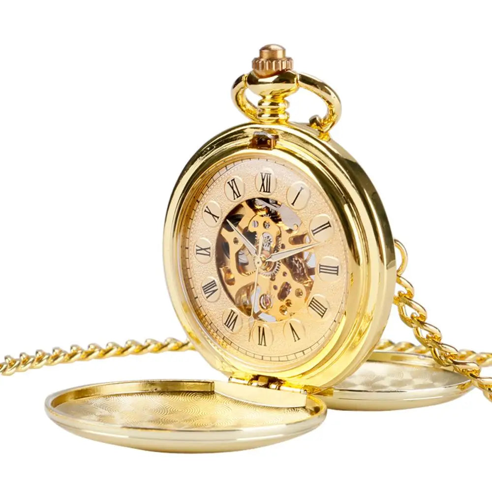 Full Gold Color Skeleton Smooth Pocket Watch Hand Wind Mechanical Roman Numerals FOB Watches Men Double Open Clock for men Women