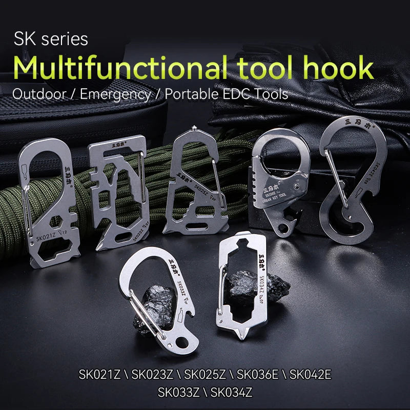 Sanrenmu Stainless Steel Multifunctional Carabiner Keychain Survival Gear Pocket Backpacking Hook Camping Hiking Fishing Tool