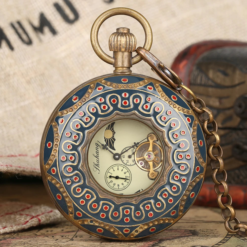 Luxury Pure Copper Mechanical Pocket Watch Men Antique Timepiece Gifts Pocket Chain Roman Numerals Tourbillon Mechanism Clock