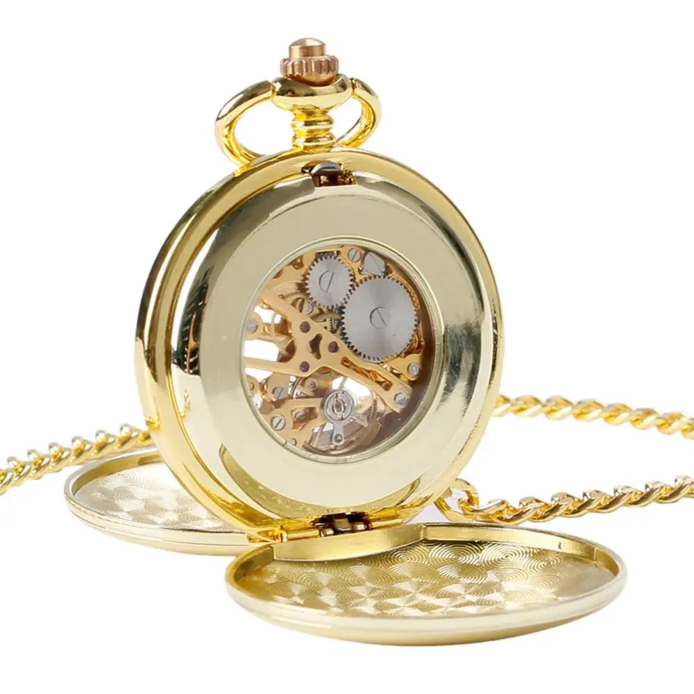 Full Gold Color Skeleton Smooth Pocket Watch Hand Wind Mechanical Roman Numerals FOB Watches Men Double Open Clock for men Women