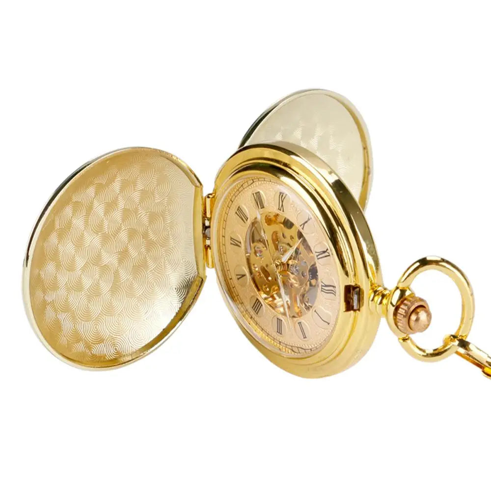 Full Gold Color Skeleton Smooth Pocket Watch Hand Wind Mechanical Roman Numerals FOB Watches Men Double Open Clock for men Women