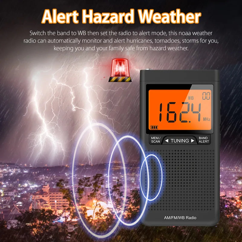 Mini Portable AM FM NOAA Radio Weather Radio Mini Pocket Radio Excellent Reception Large LCD Screen Digtail Alarm Clock Radios