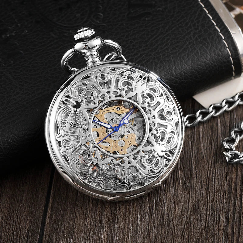 2020 Fashion Silver Engraved Hand Wind Mechanical Pocket Watch for Men Women Vintage Steampunk Fob Skeleton Watch Male Gift