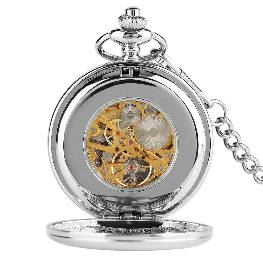 2023 Blank Silver Smooth Double Full Hunter Case Steampunk Skeleton Dial Mechanical Pocket Watch with Chain Personalized