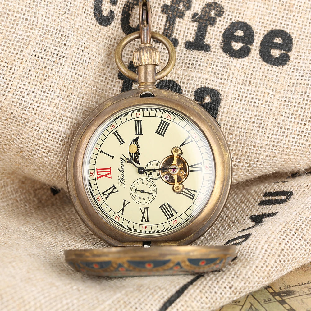 Luxury Pure Copper Mechanical Pocket Watch Men Antique Timepiece Gifts Pocket Chain Roman Numerals Tourbillon Mechanism Clock