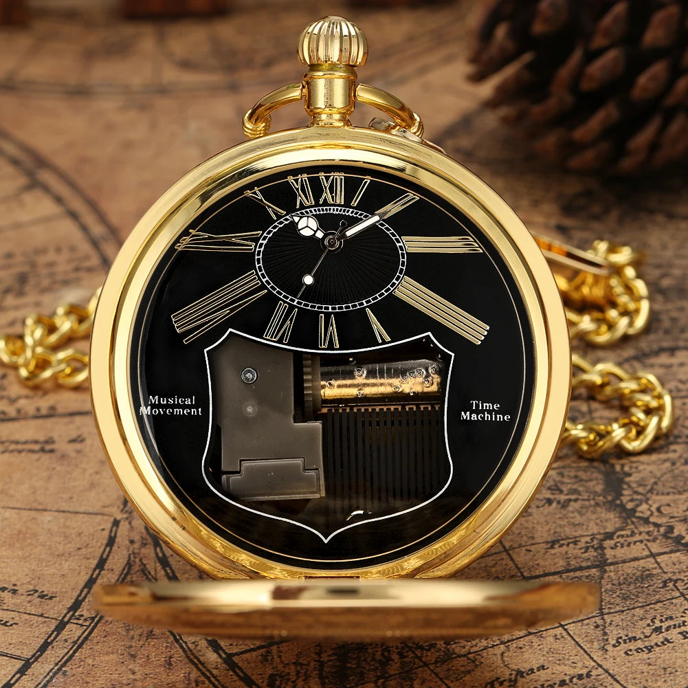 Musical Pocket Watch Roman Numerals Display Quartz Pendant Melody Castle in The Sky Music Pocket Clock Creative Timepiece Gifts