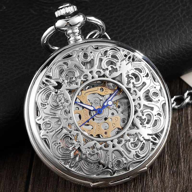 2020 Fashion Silver Engraved Hand Wind Mechanical Pocket Watch for Men Women Vintage Steampunk Fob Skeleton Watch Male Gift