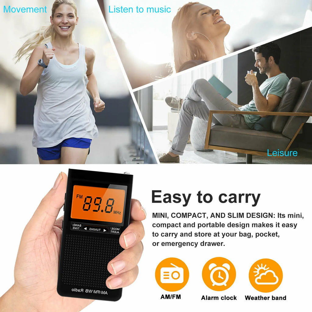 Mini Portable AM FM NOAA Radio Weather Radio Mini Pocket Radio Excellent Reception Large LCD Screen Digtail Alarm Clock Radios