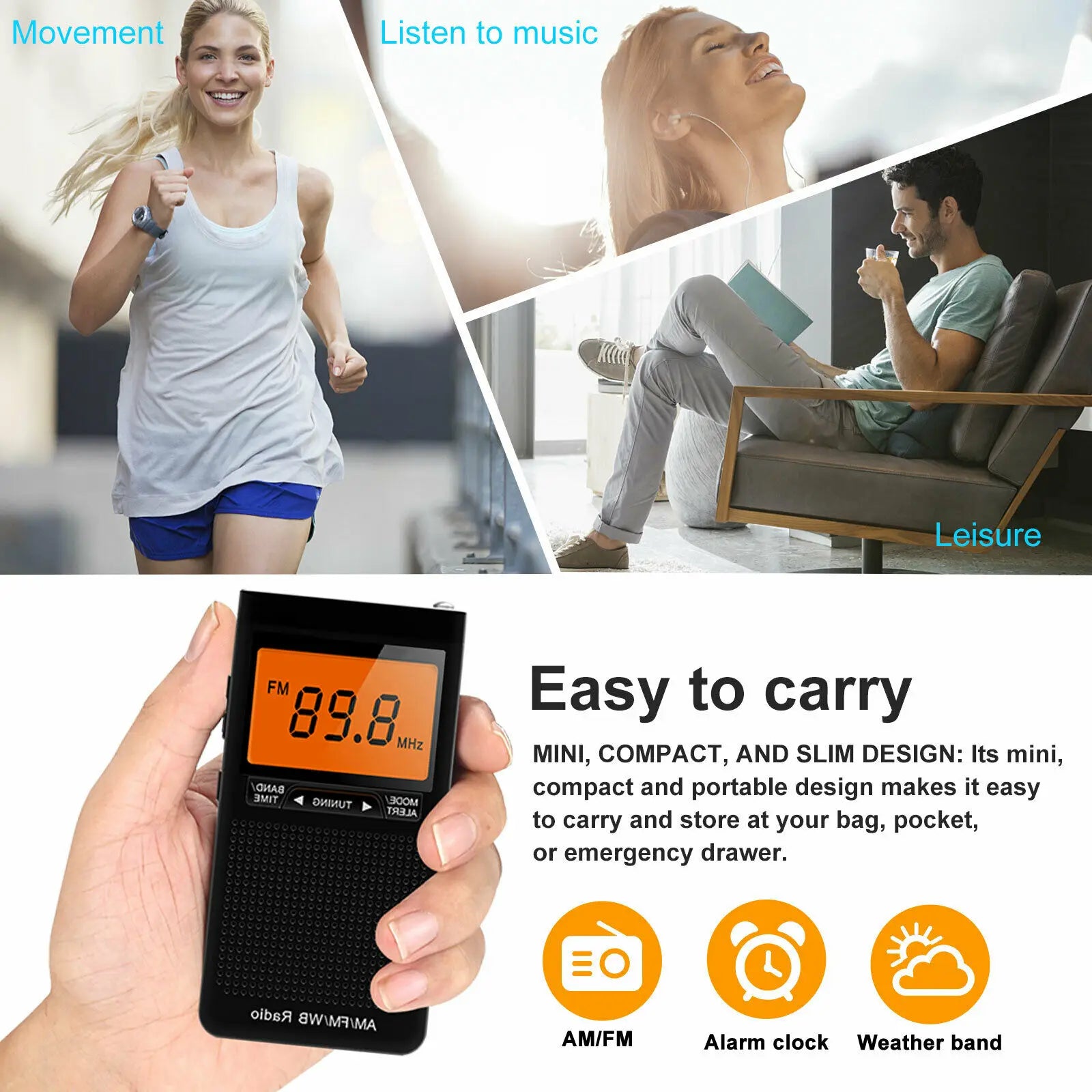 Mini Portable AM FM NOAA Radio Weather Radio Mini Pocket Radio Excellent Reception Large LCD Screen Digtail Alarm Clock Radios