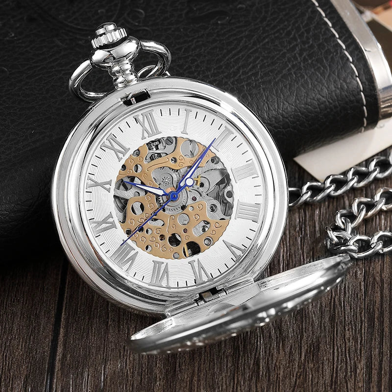 2020 Fashion Silver Engraved Hand Wind Mechanical Pocket Watch for Men Women Vintage Steampunk Fob Skeleton Watch Male Gift