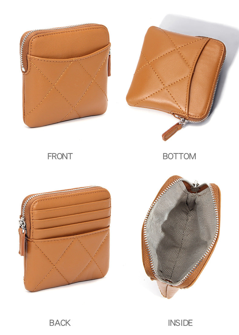 Genuine Leather Card Holder new sheepskin rhombus small mini women's solid color coin bag earphone storage zipper coin purse