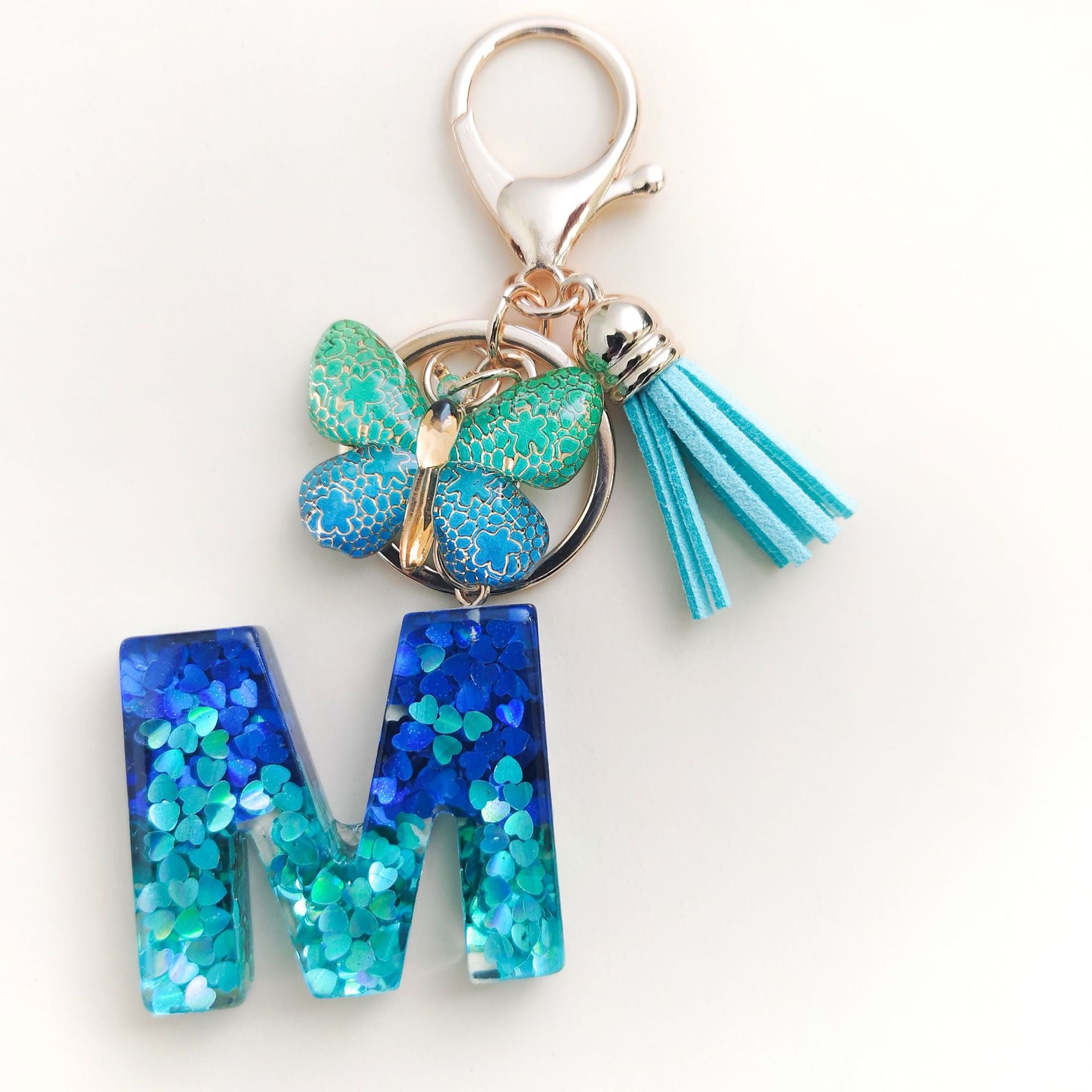 Cross-border Blue Series 26 Drops of Glue Letter Keychain Holiday Love Tassel Accessories Gradient Butterfly Keychain