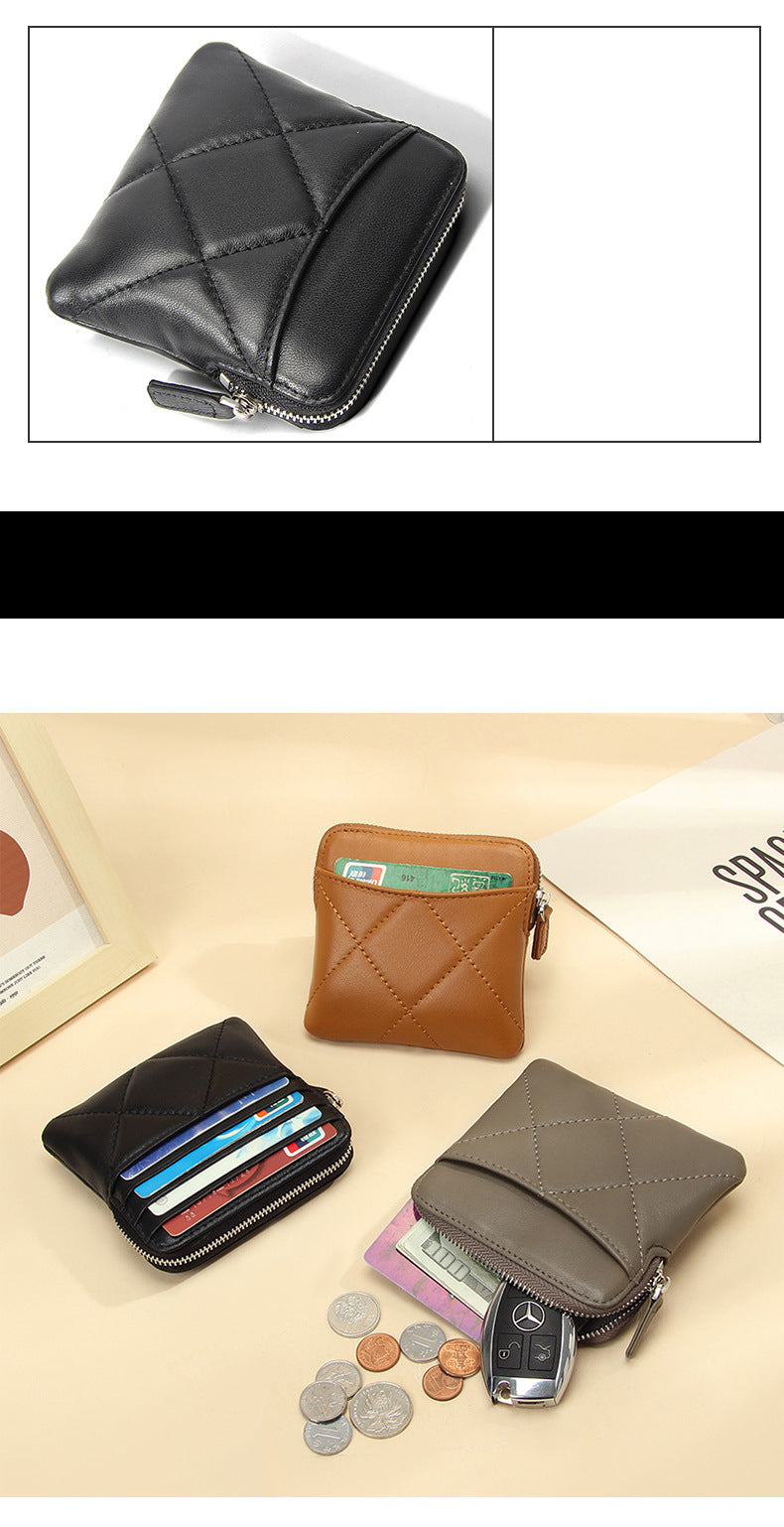 Genuine Leather Card Holder new sheepskin rhombus small mini women's solid color coin bag earphone storage zipper coin purse
