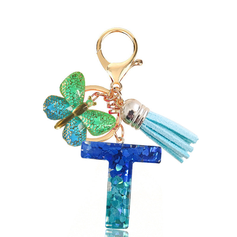 Cross-border Blue Series 26 Drops of Glue Letter Keychain Holiday Love Tassel Accessories Gradient Butterfly Keychain