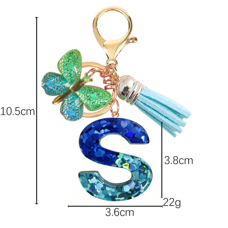 Cross-border Blue Series 26 Drops of Glue Letter Keychain Holiday Love Tassel Accessories Gradient Butterfly Keychain