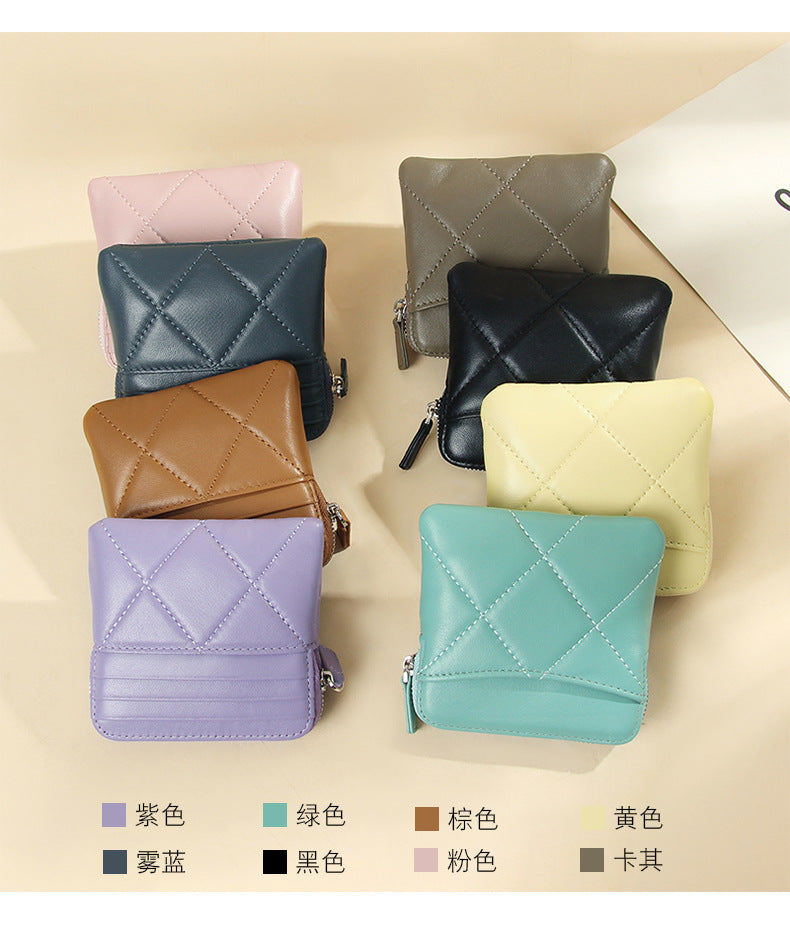 Genuine Leather Card Holder new sheepskin rhombus small mini women's solid color coin bag earphone storage zipper coin purse