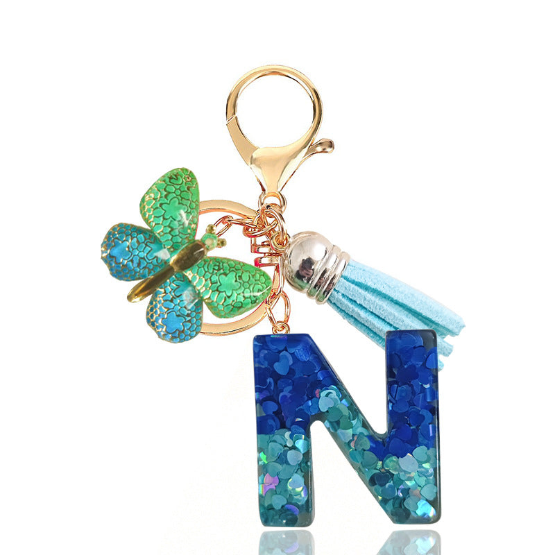 Cross-border Blue Series 26 Drops of Glue Letter Keychain Holiday Love Tassel Accessories Gradient Butterfly Keychain