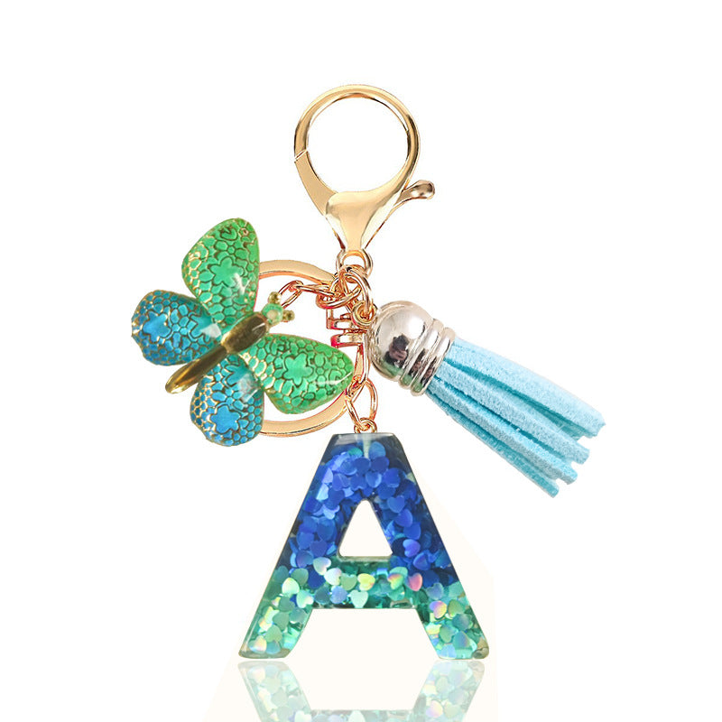 Cross-border Blue Series 26 Drops of Glue Letter Keychain Holiday Love Tassel Accessories Gradient Butterfly Keychain