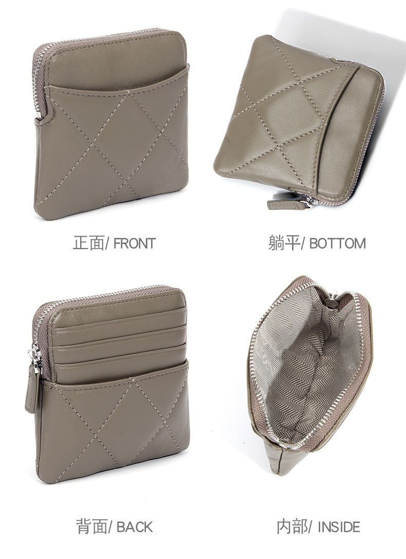 Genuine Leather Card Holder new sheepskin rhombus small mini women's solid color coin bag earphone storage zipper coin purse