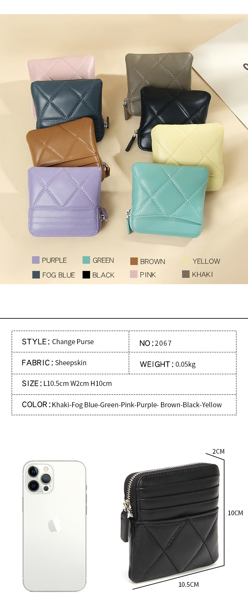 Genuine Leather Card Holder new sheepskin rhombus small mini women's solid color coin bag earphone storage zipper coin purse