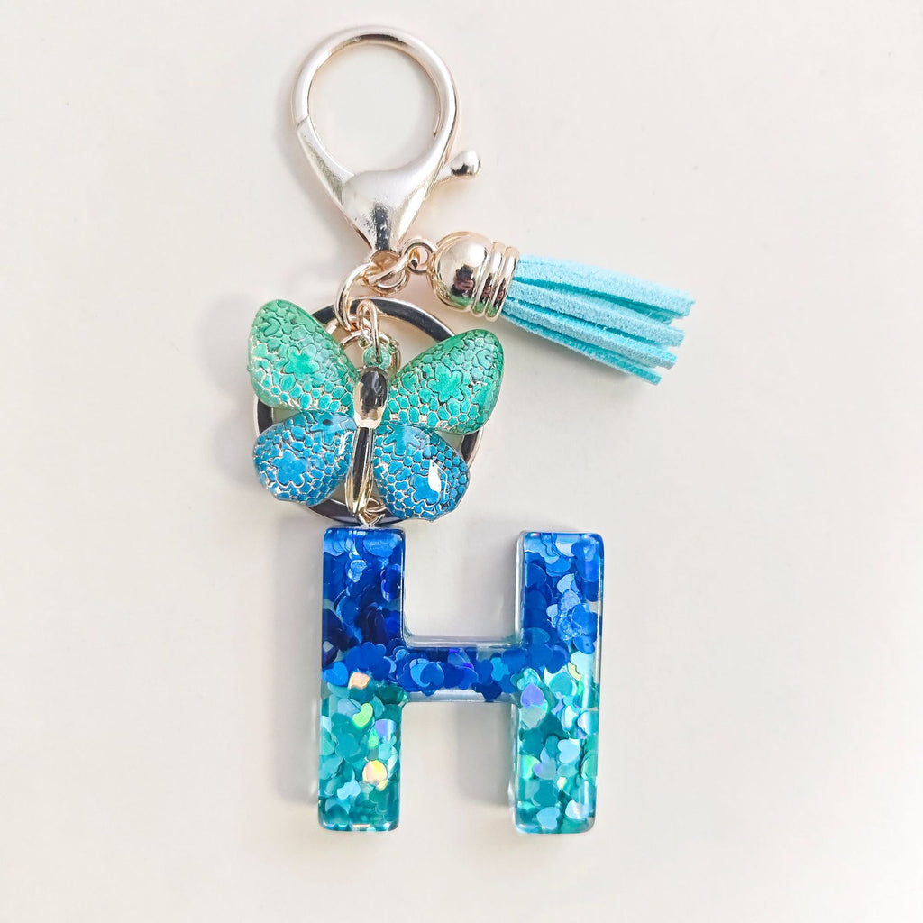Cross-border Blue Series 26 Drops of Glue Letter Keychain Holiday Love Tassel Accessories Gradient Butterfly Keychain