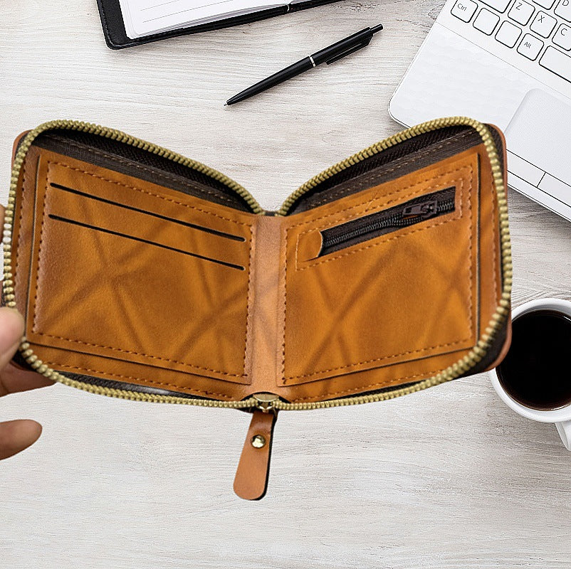 Factory Direct Sales New Men's Wallet Retro Hot-Pressed Dollar Pu Wallet Men's Zipper Short Coin Purse