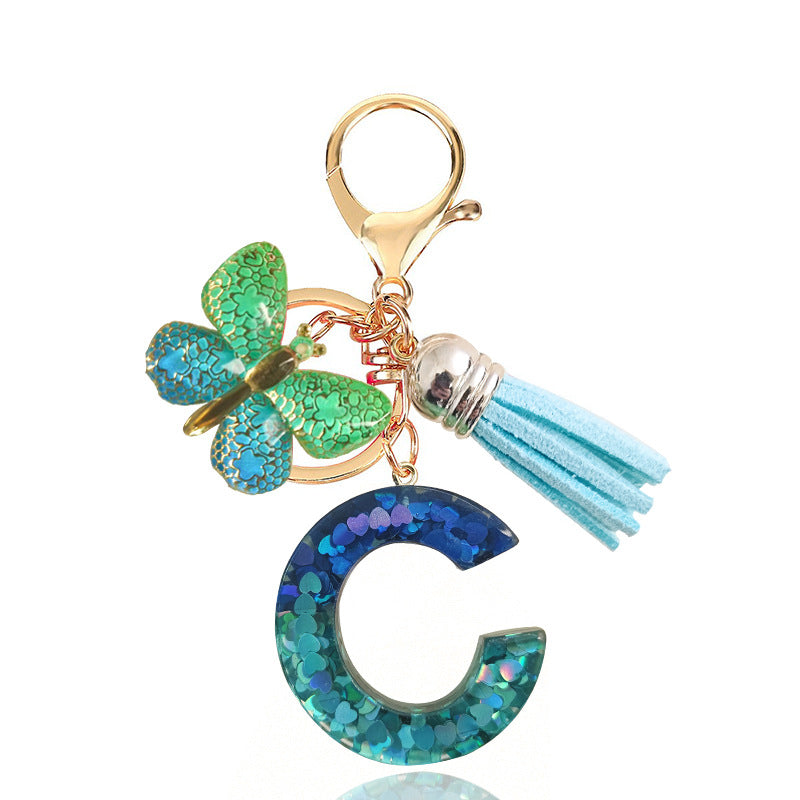 Cross-border Blue Series 26 Drops of Glue Letter Keychain Holiday Love Tassel Accessories Gradient Butterfly Keychain