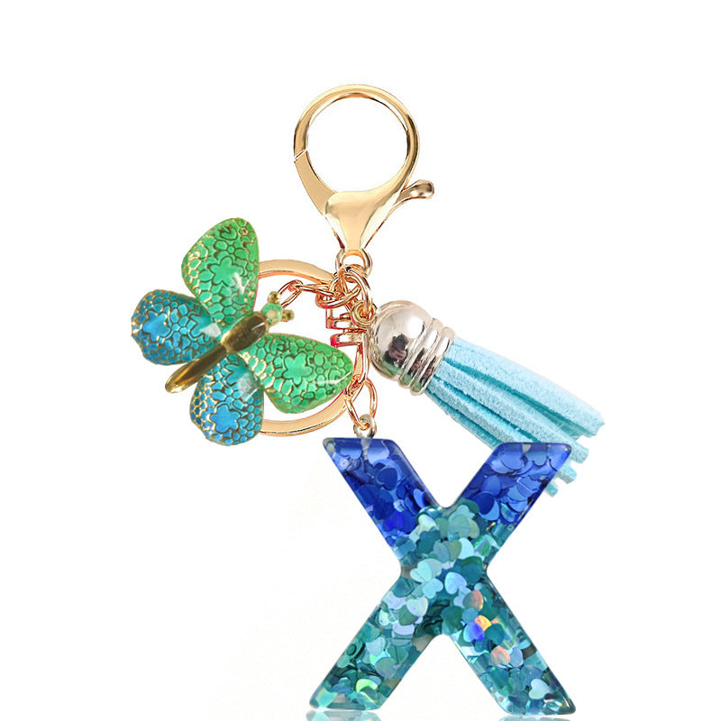 Cross-border Blue Series 26 Drops of Glue Letter Keychain Holiday Love Tassel Accessories Gradient Butterfly Keychain