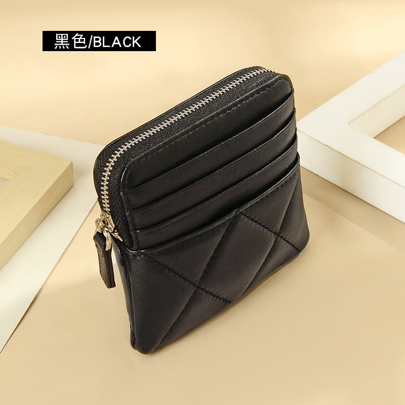 Genuine Leather Card Holder new sheepskin rhombus small mini women's solid color coin bag earphone storage zipper coin purse