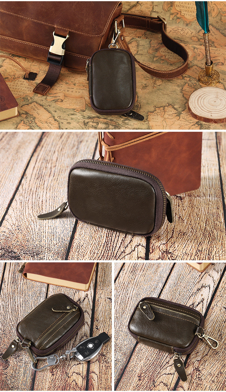 Portable Leather Key Bag Car Key Storage Bag Multifunctional Coin Purse with Card Holder Waist Hanging Cowhide Key Bag for Men