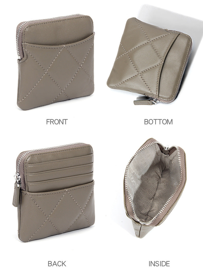 Genuine Leather Card Holder new sheepskin rhombus small mini women's solid color coin bag earphone storage zipper coin purse