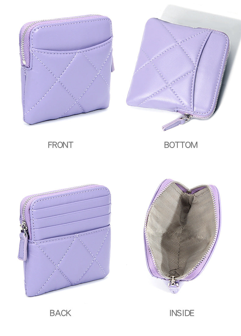 Genuine Leather Card Holder new sheepskin rhombus small mini women's solid color coin bag earphone storage zipper coin purse