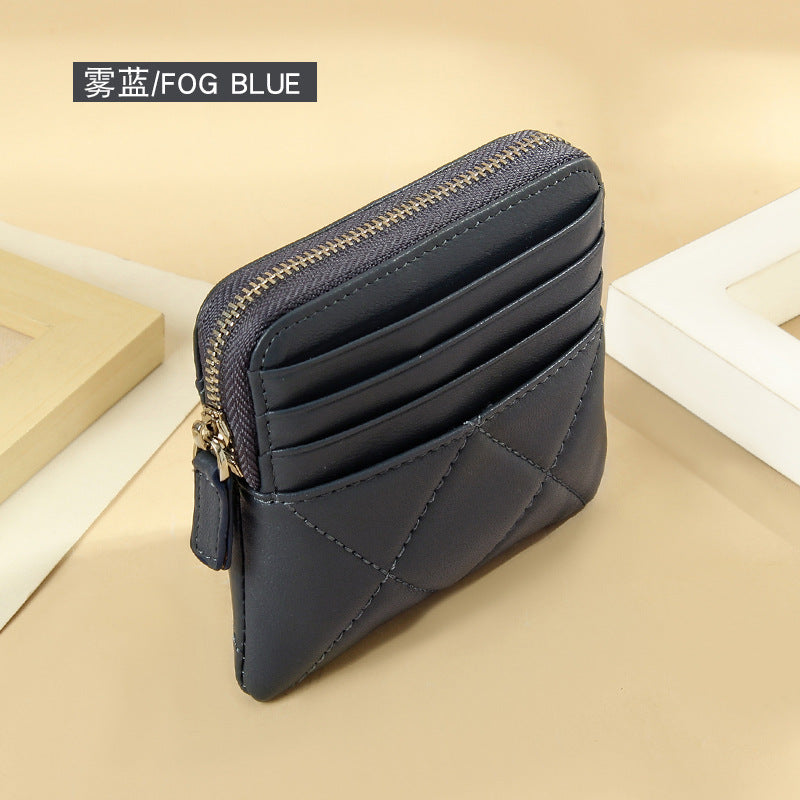 Genuine Leather Card Holder new sheepskin rhombus small mini women's solid color coin bag earphone storage zipper coin purse