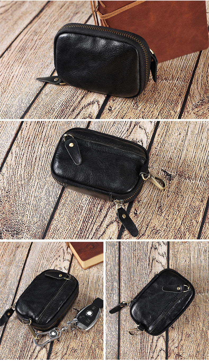 Portable Leather Key Bag Car Key Storage Bag Multifunctional Coin Purse with Card Holder Waist Hanging Cowhide Key Bag for Men