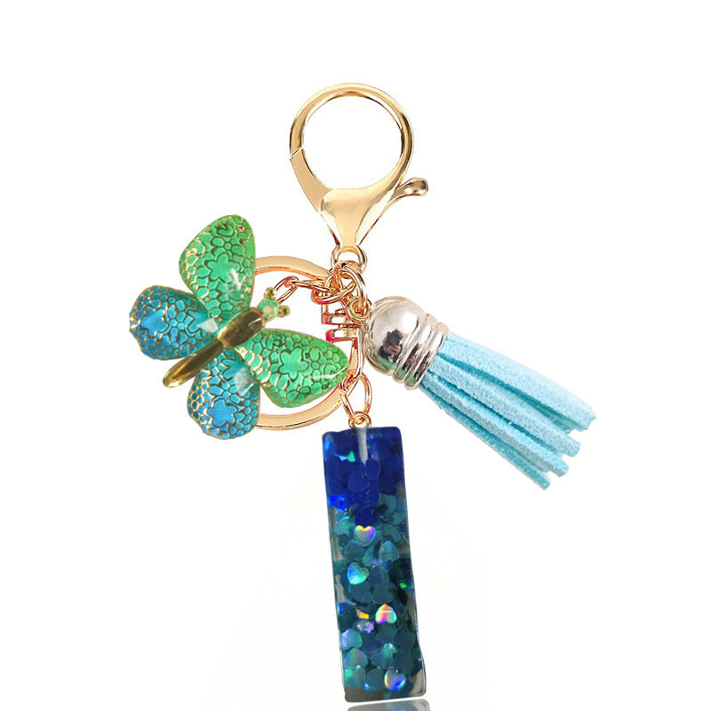 Cross-border Blue Series 26 Drops of Glue Letter Keychain Holiday Love Tassel Accessories Gradient Butterfly Keychain