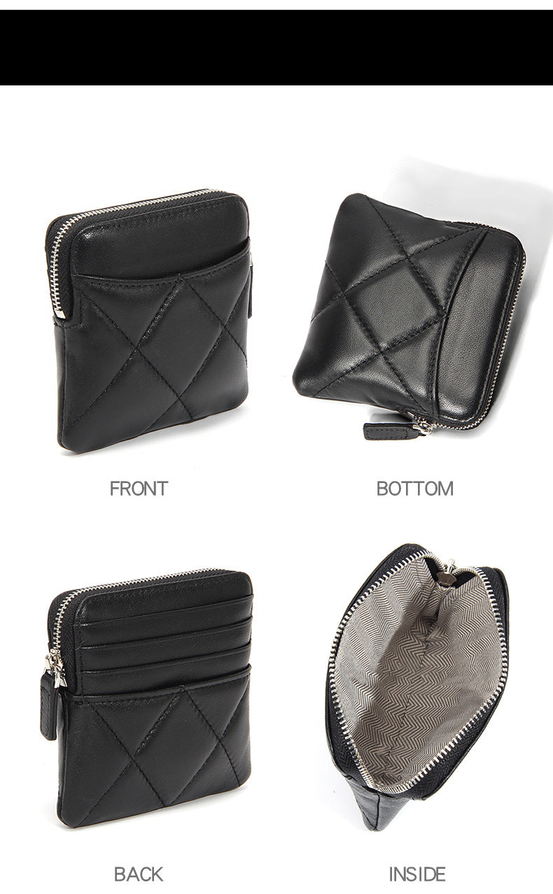 Genuine Leather Card Holder new sheepskin rhombus small mini women's solid color coin bag earphone storage zipper coin purse