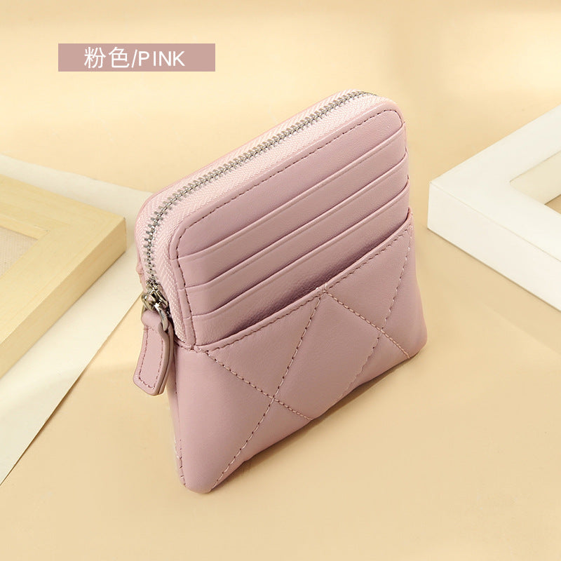 Genuine Leather Card Holder new sheepskin rhombus small mini women's solid color coin bag earphone storage zipper coin purse